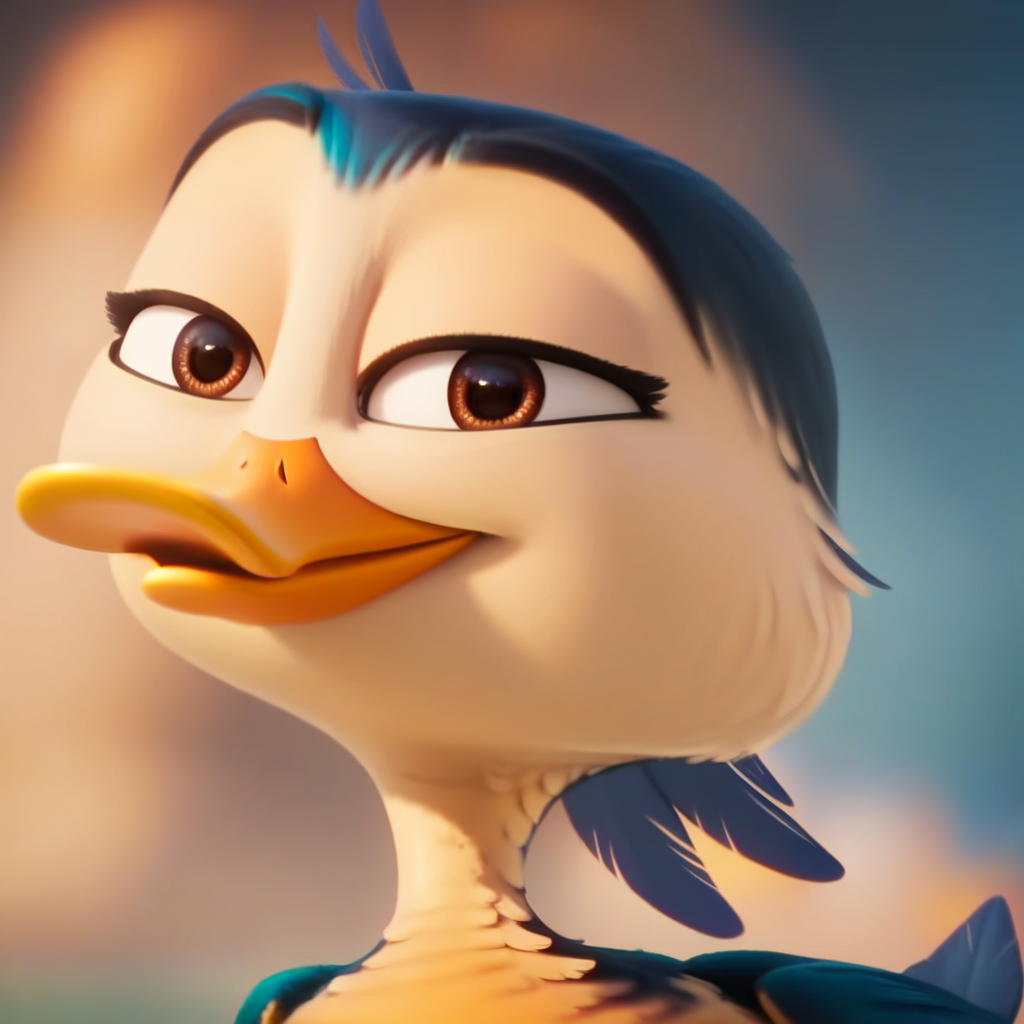 score_9, score_8_up, score_7_up, masterpiece, best quality, highly detailed, realistic, KimMG, 1girl, solo, furry, feral, furry female, avian, duck, brown eyes, black pupils, yellow beak, blue body, white body, feathers, close-up, smile, closed mouth, looking at viewer, blue background, simple background