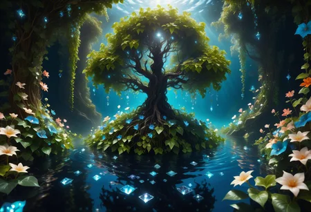 creeping wild ivy,bright light sparkle in water, flowers with small petals, glowing trees  , ultra detailed, oil, Dramatic lighting, by Giovanni Bellini, Unreal Engine, Point-of-view perspective, Made of crystal, Rangefinder camera, Blue filter, Mystery scene --quality 5 --hd