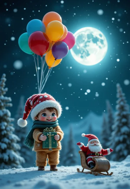 Christmas night, smiling cub with a box of presents descends from the sky, several balloons connected to the cub's head, sled with Santa Claus higher than the cub, plastic texture, composition looking up from below, full moon, wide angle, light reflected by snow,.
aidmafluxpro1.1