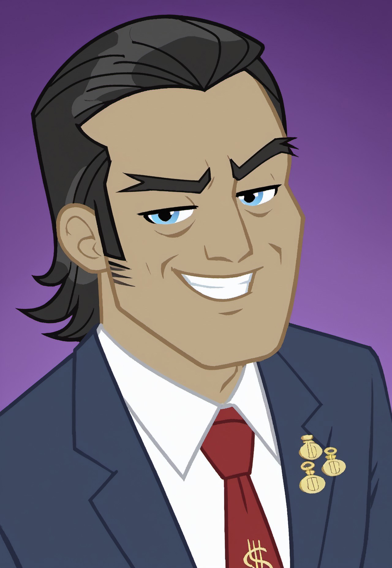safe_pos, safe_pos, score_9, score_8_up, score_7_up, source_anime, rating_nsfw, ultra hd, absurdres, solo, 1boy, masterpiece, best quality, best aesthetic, Expressiveh, wolfconf,

MLPFilthyRich, red necktie, black hair, human, money bag pin, white shirt, jacket, formal, portrait, headshot, smiling, looking at viewer