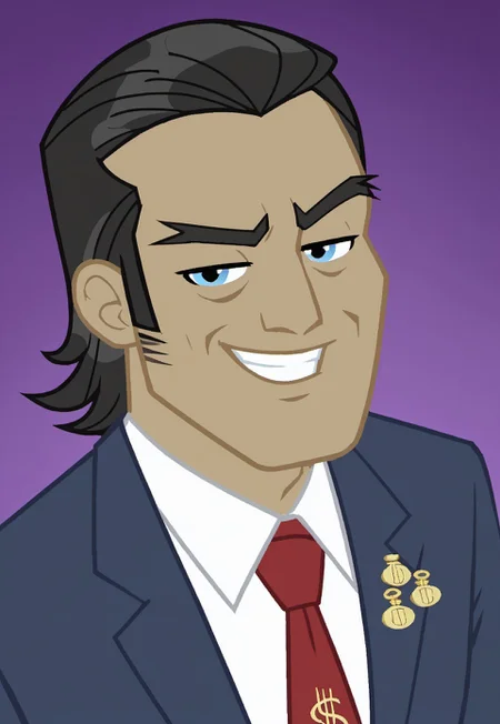 safe_pos, safe_pos, score_9, score_8_up, score_7_up, source_anime, rating_nsfw, ultra hd, absurdres, solo, 1boy, masterpiece, best quality, best aesthetic, Expressiveh, wolfconf,

MLPFilthyRich, red necktie, black hair, human, money bag pin, white shirt, jacket, formal, portrait, headshot, smiling, looking at viewer