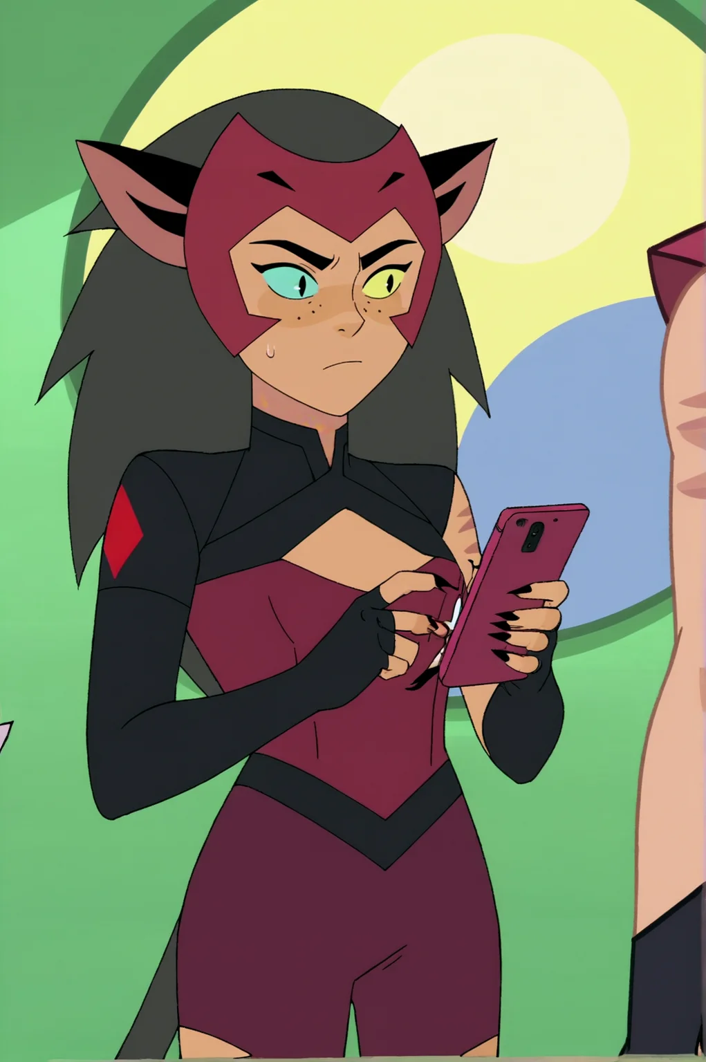 score_9, score_8_up, score_7_up,anime_source, source_anime, best background, detailed background, anime screencap,  new catra, principal Outfit, cellphone, looking away,   <lora:JN_New_Catra:0.8>