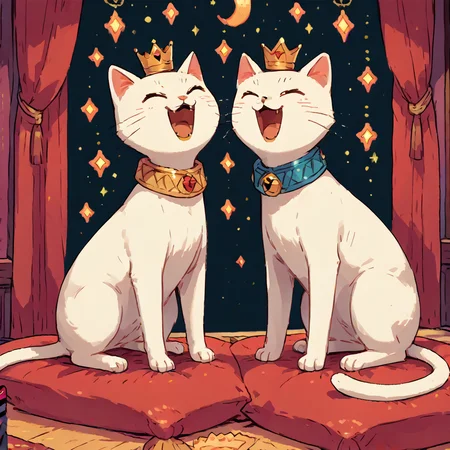 score 9, score 8 up, score 7 up, TarotArtStyleCats, happy, open mouth, one white cat, crown, indoors, night sky, simple art style, <lora:ArtStyleCats:1>