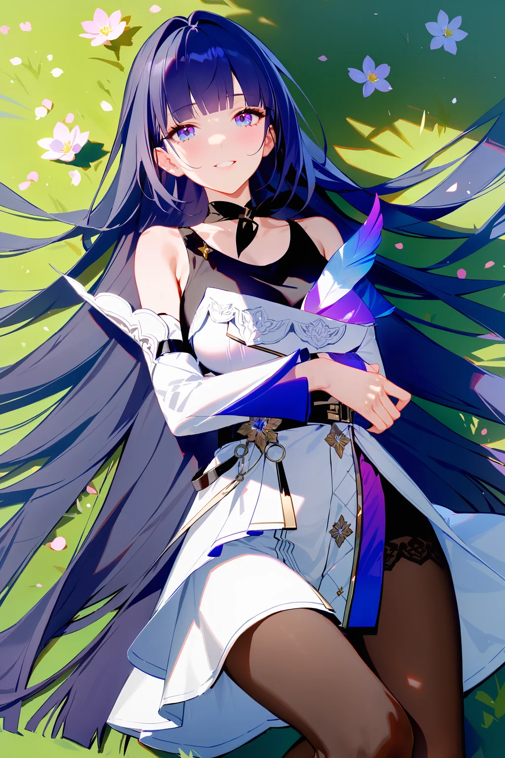 masterpiece, best quality, very aesthetic, ray tracing, newest,(hitenkei, askzy:0.5), 1girl, raiden mei, solo, pantyhose, single glove, layered dress, ribbon choker, tank top, detached sleeves, cowboy shot, smile, reclining, yokozuwari, from above, on grass, blossom, flower <lora:Char-Honkai-Raiden_Mei-XL-V1:0.9>