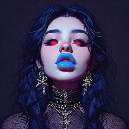 score_9, score_8_up, score_7_up, score_6_up, score_5_up, score_4_up, <lora: Expressiveh: 1>, <lora: g0thicPXL, glowing, neon: 0.7>, <lora:narrowed-eyes-ponyxl-lora-nochekaiser:1>, narrowed eyes, 1 girl, gorgeous face, big eyes, red eyes, long blue hairs, blue hairs, close up, big gorgeous lips, hotglossed blue lips, black choker, small nose, neghands, Face pointed straight ahead at the viewer