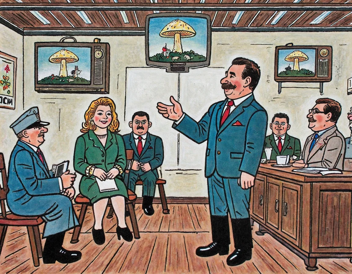 painting in style of Josef Lada. A smiling anchorman and an anchorwoman present the news in a television studio,in the background are television screens showing nuclear mushrooms over the world's capitals
<lora:joseflada:0.9>
