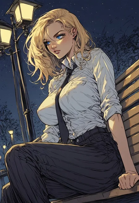 score_9, score_8_up, score_7_up, score_6_up, score_5_up, score_4_up, rating_explicit, source_western, Ellie Buckingham, ((Bright Blond hair)), Blond Hair, Blond Bright blue eyes. Very large breasts, torpedo breasts, humongous breasts Western Style Artwork. Bold Lines,
1 girl, sitting outside, on bench, street bench, night time, street lamp post, street lamp shining down, black pleated pants, ((white)) business shirt, tie, , looking away
flat color, dark theme
sinozick style
dutch angle
1dk