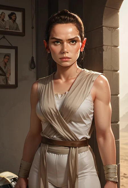 score_9, score_8_up, score_7_up, score_6_up,
1 girl , big eyes, 1 gorgeous girl)
Rey, 1girl,  solo, brown hair, brown eyes,
sleeveless, jedi, white cloth, white pants, bandages,
standing in front of the viewer,
portrait picture