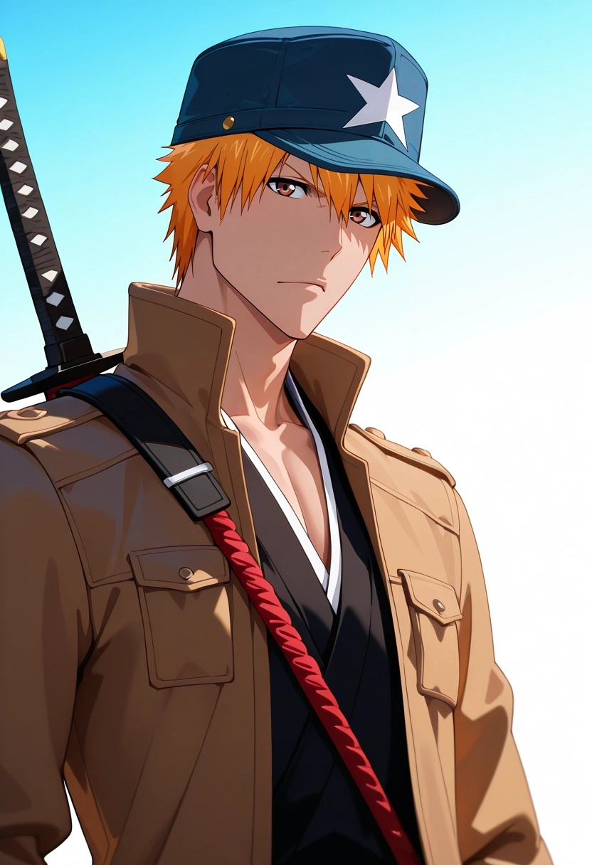 masterpiece, best quality, , (3d:0.4), , , 1boy, solo, male focus, <lora:ichigo_kurosaki_ilxl:0.92>, ichigo_kurosaki, 1boy, orange hair, brown eyes, short hair, spiked hair, hair between eyes, japanese clothes, sword, , coat, trucker hat
