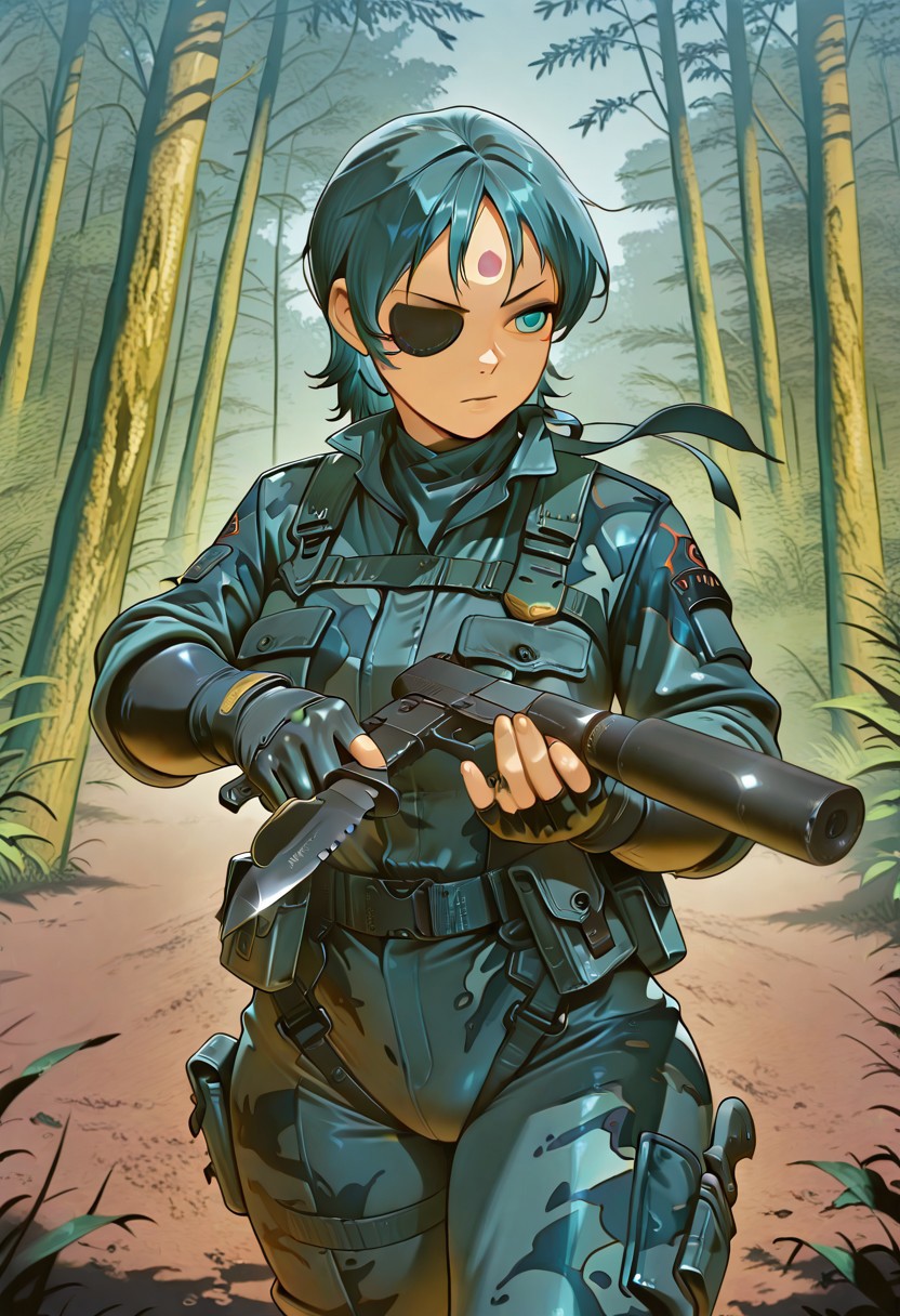 1girl, Reese, aqua blue hair, short hair, forehead mark,  turquoise eyes, eyepatch, blue camo suit,  bandana, curvy body, fingerless gloves, pistol x tac knife, holding gun, suppressor, holding pistol and knife, upper body, jngl3, outdoors, nature, masterpiece, best quality, amazing quality,