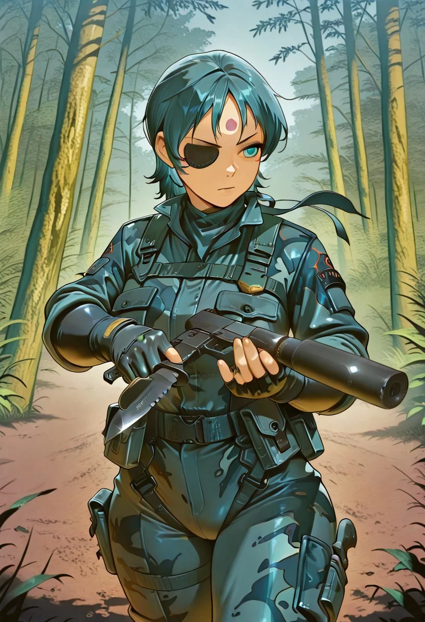 1girl, Reese, aqua blue hair, short hair, forehead mark, turquoise eyes, eyepatch, blue camo suit, bandana, curvy body, fingerless gloves, pistol x tac knife, holding gun, suppressor, holding pistol and knife, upper body, jngl3, outdoors, nature, masterpiece, best quality, amazing quality,