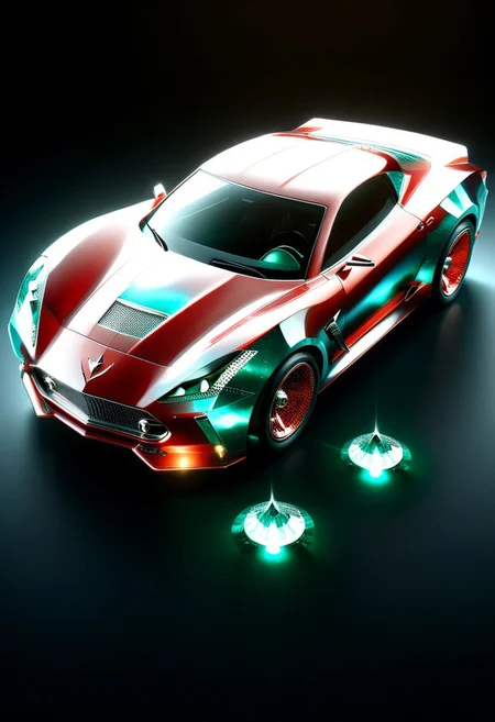 A futuristic car made entirely of transparent crystal that has hints of a 1955 Corvette sting ray convertible. It is entirely made out of transparent red glass crystal with a depth that reflects what looks like the universe of galaxies and stars, ultra detailed, enhanced, prismatic colors, render, CRU, sharp, 8k, octane render, cinema 4d, blender, dark, atmospheric 4k ultra detailed, cinematic, Sharp focus, big depth of field, Masterpiece, colors, 3d octane render, 4k, concept art, hyperrealistic, Vivid colors, extremely detailed 8k wallpaper, Intricate, High Detail. Car has square LED headlights, a glowing LED Sting Ray emblem. LED running lights Car is in a futurist high tech dealer showroom on a circular platform that is lit from below. The car has several spotlights on it which only enhance the crystal. camera is looking down and sideways as the car. emeraldmorph