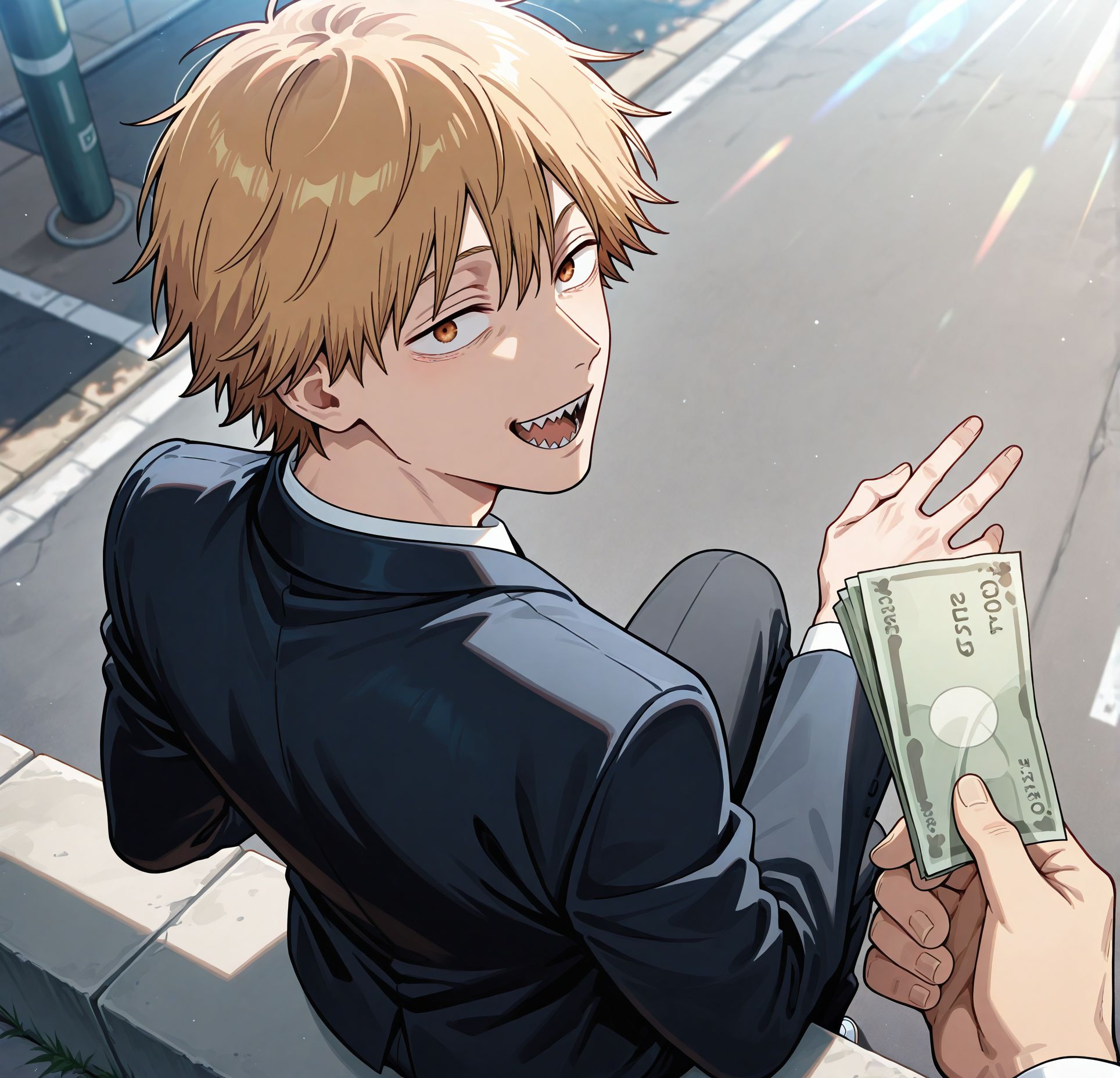 masterpiece,best quality,anime coloring,anime screenshot,
<lora:add-detail-xl:0.5>
<lora:sugar_dating:0.5>sugar_datingV1,
(sitting:1.2), holding money,from above, from behind,open mouth, happy, 
pov hand  holding money, giving money,outdoors, day,sunlight, street, 
1boy,male focus, suit, 
BREAK
chainsaw man,official style,  official art, 
denji \(chainsaw man\), 
20YO, milf,adult couple,