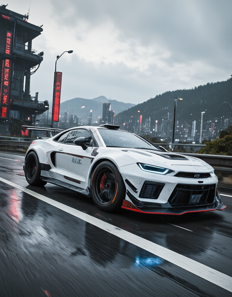 detailed realistic photo of <lora:Space_Worlds_01__Poetic_fluxbeta3:1> sw01p_flux, focus on a white racing car, in the street, outside, cyberpunk, mech cyberpunk background, red war paint japanese signs, global illumination, stuning effects, cinematic, science fiction, cyberpunk city skyline, vegetation, wet, shiny, scenery, outdoors, buildings, space, clouds, planet, star, sunset, tires screaming,