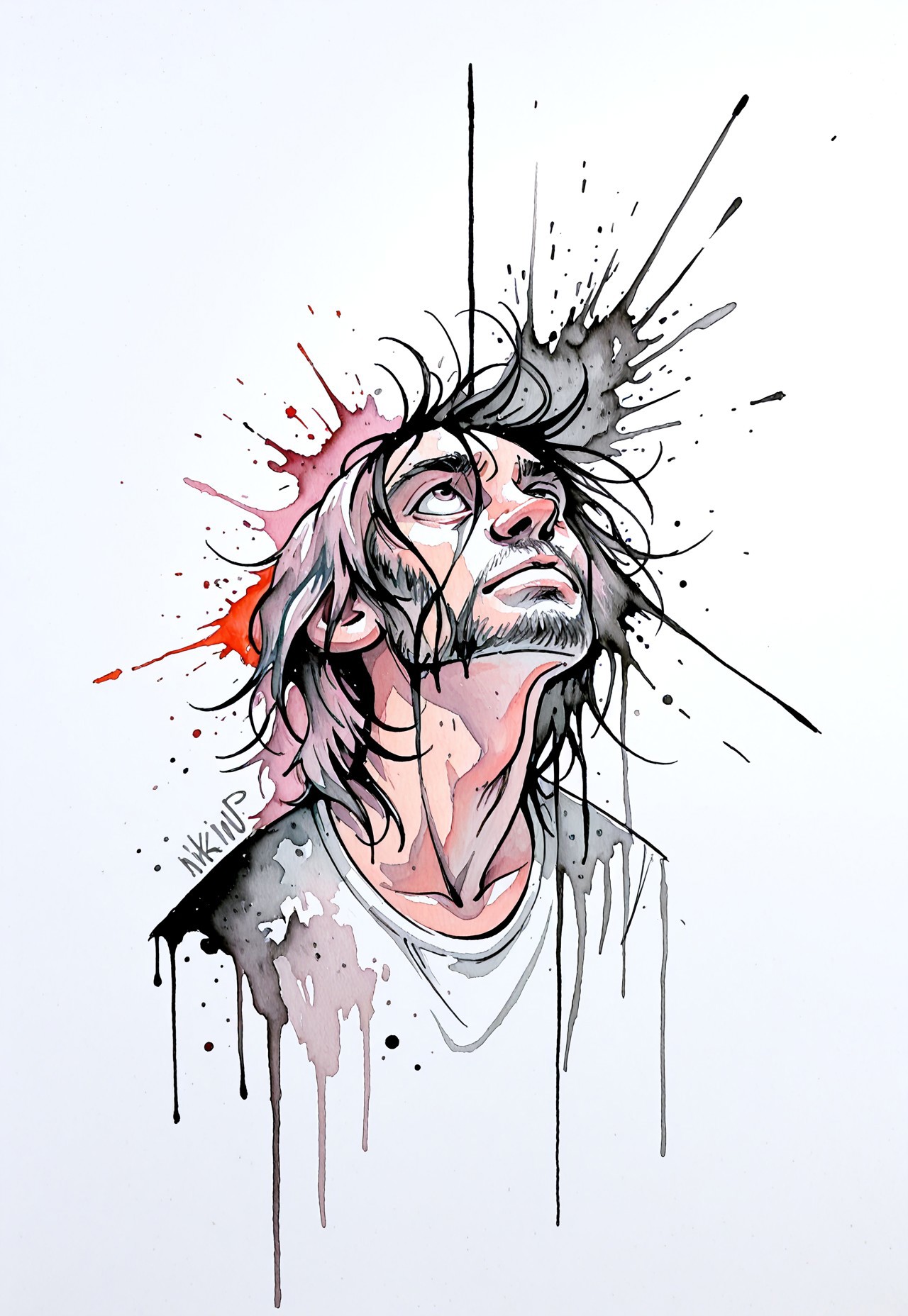 masterpiece, best quality, 1nkPnk, solo, traditional media, painting (medium),  portrait, watercolor (medium), male focus, 1boy, white background, artist name, looking up, rough sketch, messy, comic art style, ink splatter, ink (medium), pencil (medium), sketch