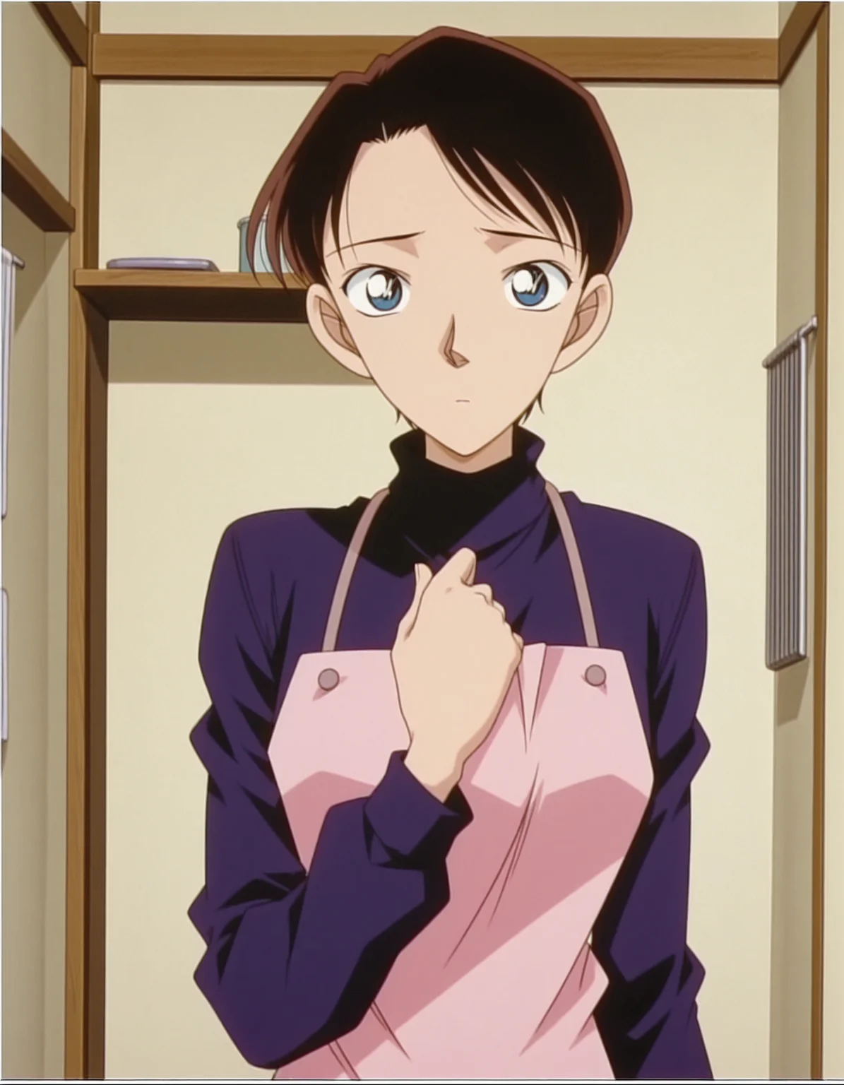 1girl,solo,masterpiece, best quality,anime screenshot,1990s \(style\),<lora:yasumoto_hikaru_conan_v1_IL:0.9>,yasumoto hikaru,(meitantei conan:0.7),black hair,brown hair,very short hair,forehead,arched bangs,long sleeves,light pink apron,dark purple turtleneck,looking at viewer,standing,arms at sides, upper body,hand on own chest,kitchen,<lora:dmd2_sdxl_4step:1>,indoors,raised eyebrows,(expressionless:1.2),closed mouth, window,