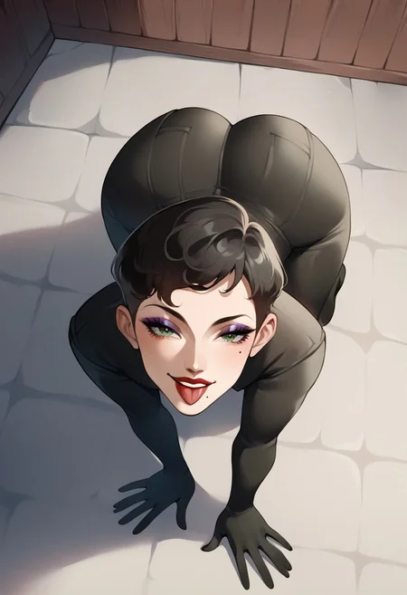 score_9, score_8_up, score_7_up, source_anime, ((1girl)), yurikosmtiv, black hair, short hair, lipstick, mole under eye, makeup, green eyes, black bodysuit, night, medieaval town, natural lighting, on all fours, big butt, tongue out, ass focus, from behind, high angle, ephoric smile, joyful face, looking behind, looking at viewer, blissfull, full body shot, easynegative