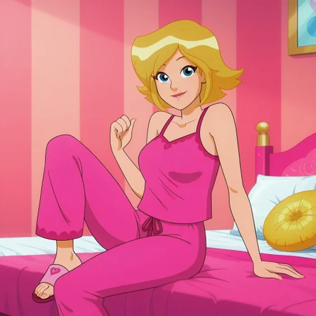 masterpiece, best quality, good quality, 1girl, solo, cartoon, totally_spies_2k24, cl0ver, blonde hair, blue eyes, pink pajamas, sandals, sexy, large breasts, beautiful, detailed, high detailed, very beautiful, detailed face, detailed eyes, detailed hand, fingernails, inside, bedroom, smile, posing, pose, sitting on bed, looking at viewer, face focus