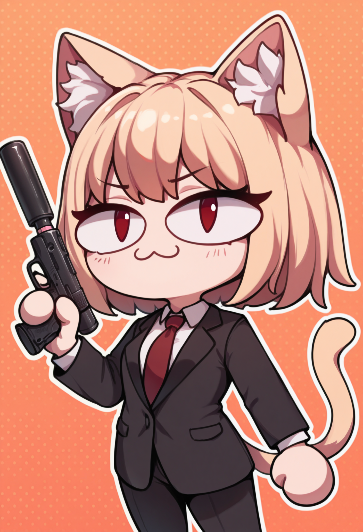 1girl, solo, black suit, red necktie, handgun, suppressor, orange background, polka dot background, 
masterpiece, best quality, <lora:necoarc-guy90-Illust-LoraV1:1>, cracen, animal ears, short hair, blonde hair, :3, cat girl, cat tail, red eyes, slit pupils, chibi, animal ear fluff