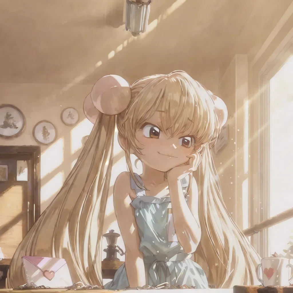 highres, best quality, masterpiece, safe pos, masterpiece, best quality, amazing quality, very aesthetic, absurdres, newest, volumetric lighting, holographic colors, cute, gradient colors, 4k, hd, ultra detailed, sfw, usnr, gbf style, , ambient occlusion, raytracing, soft lighting, bloom effect, absolutely eye-catching, intricate cinematic background, \(beautiful face\),
BREAK
,
photo realistic, very aesthetic, scenery,
BREAK
,
Smiling, happy, blushing, flustered, shy, awkward smile, hand on own cheek, holding love letter, heart on letter, looking at viewer, eye contact,
BREAK
,
Cafe background, table, steamy mug, sunlight though window, sunlight, cafe,
dynamic angle, intricate light, Rin Kokonoe, Very long light brown hair styled in twin tails, Pink spherical hair ties, Large expressive brown eyes, Petite, childlike stature, Light-colored sundress with frilled edges, Playful and mischievous expression, kokonoe rin