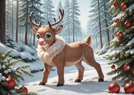 score_9, score_8_up, score_7_up, score_6_up, score_5_up, score_4_up, detailed, realistic, illustration, 8k, snowy forest with reindeer wearing christmas ornaments (cute furry feral:1.2), source_furry <lora:Animal_Christmas:0.8> animal christmas