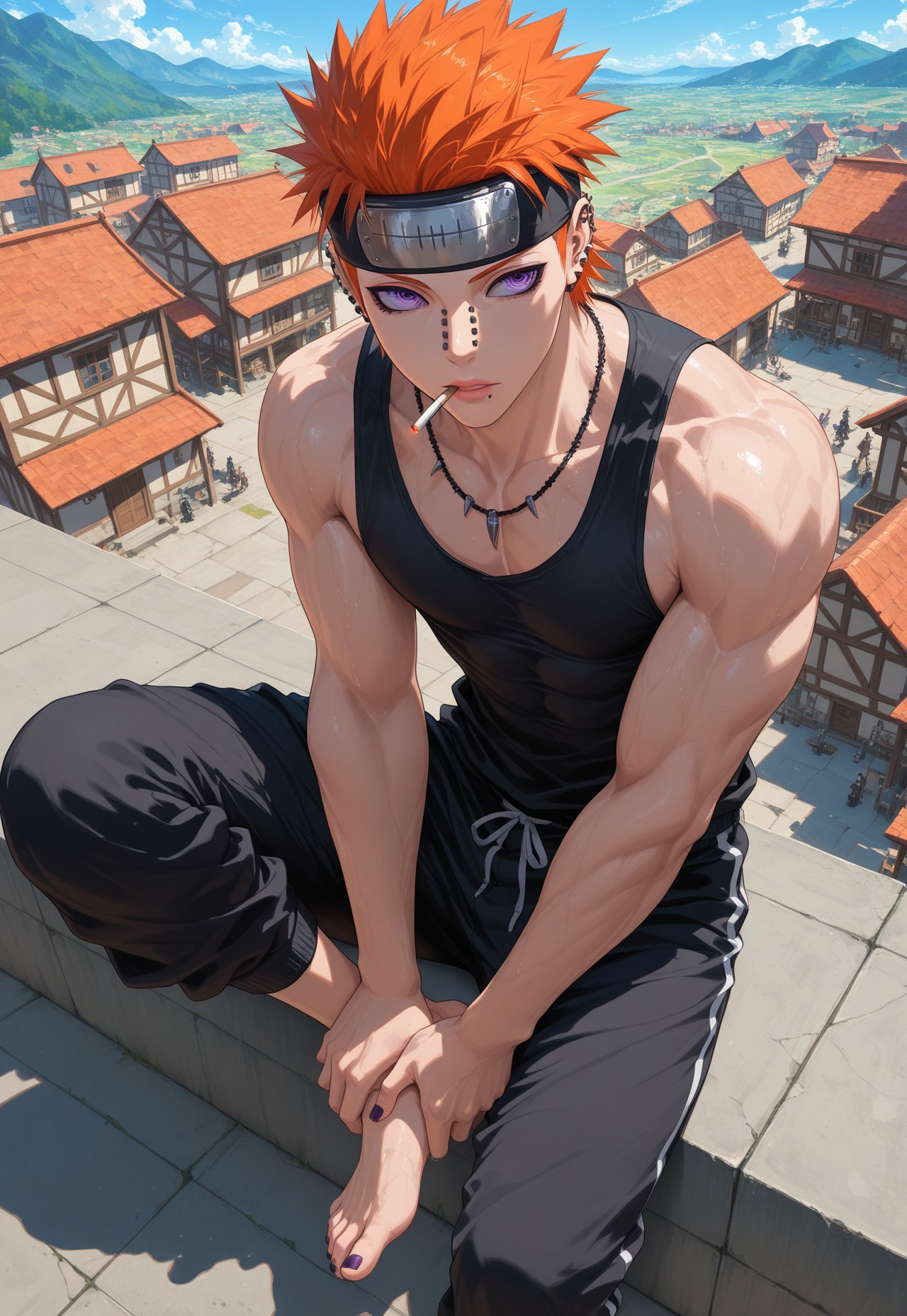 masterpiece, best quality, amazing quality, very aesthetic, absurdres, newest, naruPain, 1boy, solo, male focus, orange hair, spiked hair, black tanktop, black sweatpants, necklace, forehead protector, multiple piercings, sitting on rooftop, barefoot, nail polish, rinnegan, purple eyes, looking up, from above, sunny, shadow, outdoors, village, cigarette, smoking, lips pursed, mature, (one leg crossed, figure four sitting, holding own foot, slender, muscular)