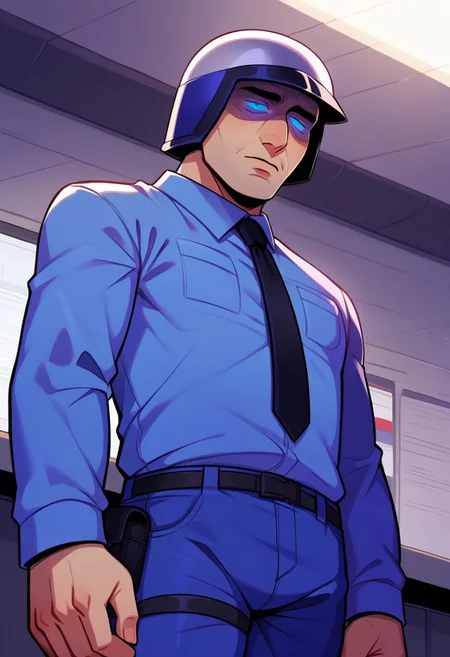 score_9, score_8_up, score_7_up, score_6_up, perfect anatomy, perfect proportions, best quality, masterpiece, high_resolution, high quality, aesthetic, absurdres, (male focus), solo male, adult, mature, masculine, manly, handsome, charming, alluring, cowboy shot, Benry, HLVRAIBenry, lack eyes, glowing eyes, tired, frowning, droopy eyes, thin, pale, lifeless, pissed, eyes in shadow, shaded face, HLVRAIBenry_outfit, Black Mesa security guard uniform \(Half-Life\), security guard uniform, dark helmet, blue shirt, sleeves rollsd up, black necktie, arm crossed, dark blue pants, thigh strap, detailed_background, indoors, research institute, lab, sci-fi, (anime, cartoon, minimalistic), low angle, from below, upper body, closed up,