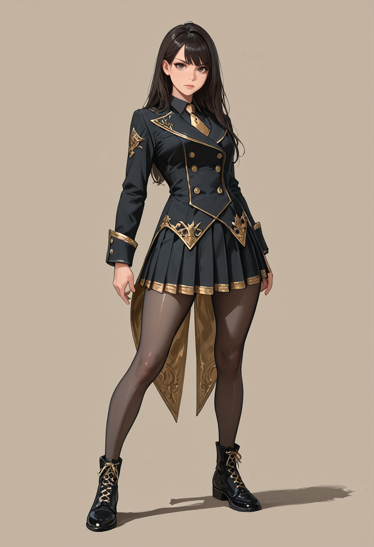 1woman, solo, beautiful woman,
standing, stoic stance, looking at viewer, (legs apart:0.8)
simple background, grey backgorund,
fantasy clothing, academy uniform, noble attire, black and gold clothes, black blazer, coattails, double-breasted, gold trim, embellished, black collared shirt, gold necktie, black pleated skirt, pantyhose, cross-laced footwear, formal shoes, (masterpiece), (best quality), (ultra-detailed), amazing quality, very aesthetic, illustration, perfect composition, intricate details, absurdres, incredibly absurdres,