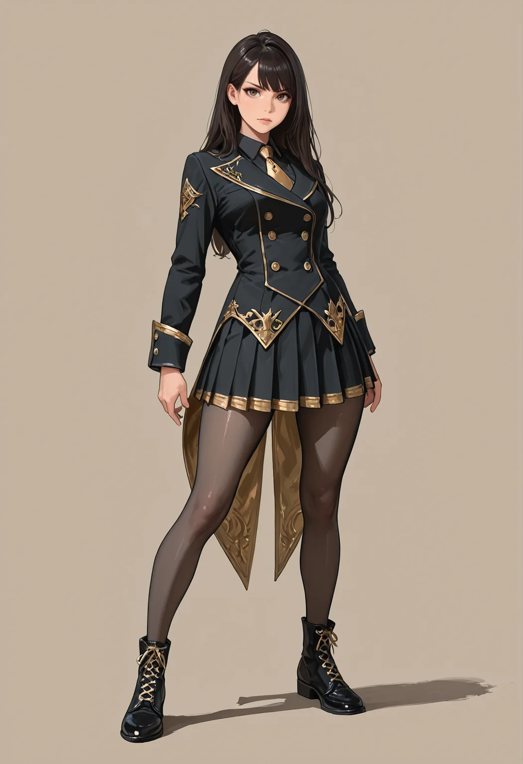 1woman, solo, beautiful woman,
standing, stoic stance, looking at viewer, (legs apart:0.8)
simple background, grey backgorund,
fantasy clothing, academy uniform, noble attire, black and gold clothes, black blazer, coattails, double-breasted, gold trim, embellished, black collared shirt, gold necktie, black pleated skirt, pantyhose, cross-laced footwear, formal shoes, (masterpiece), (best quality), (ultra-detailed), amazing quality, very aesthetic, illustration, perfect composition, intricate details, absurdres, incredibly absurdres,