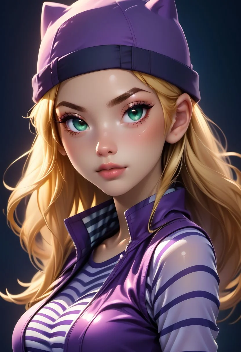 score_9, score_8_up, score_7_up, score_6_up, score_5_up, score_4_up score_9,score_8_up, digital art, upper body shot, realistic 3D illustration,
BREAK,
zzIzumi, perfect, green eyes, blonde hair, long hair, purple vest, striped shirt, hat,
BREAK,
subsurface scattering, soft lighting, contemplative expression, dark background, subtle makeup, high-resolution, detailed texture, emotional depth, dramatic mood, side profile, serene atmosphere, cinematic lighting. perfectly round breasts, big breasts, firm breasts, SkinHairDetail, eye contact