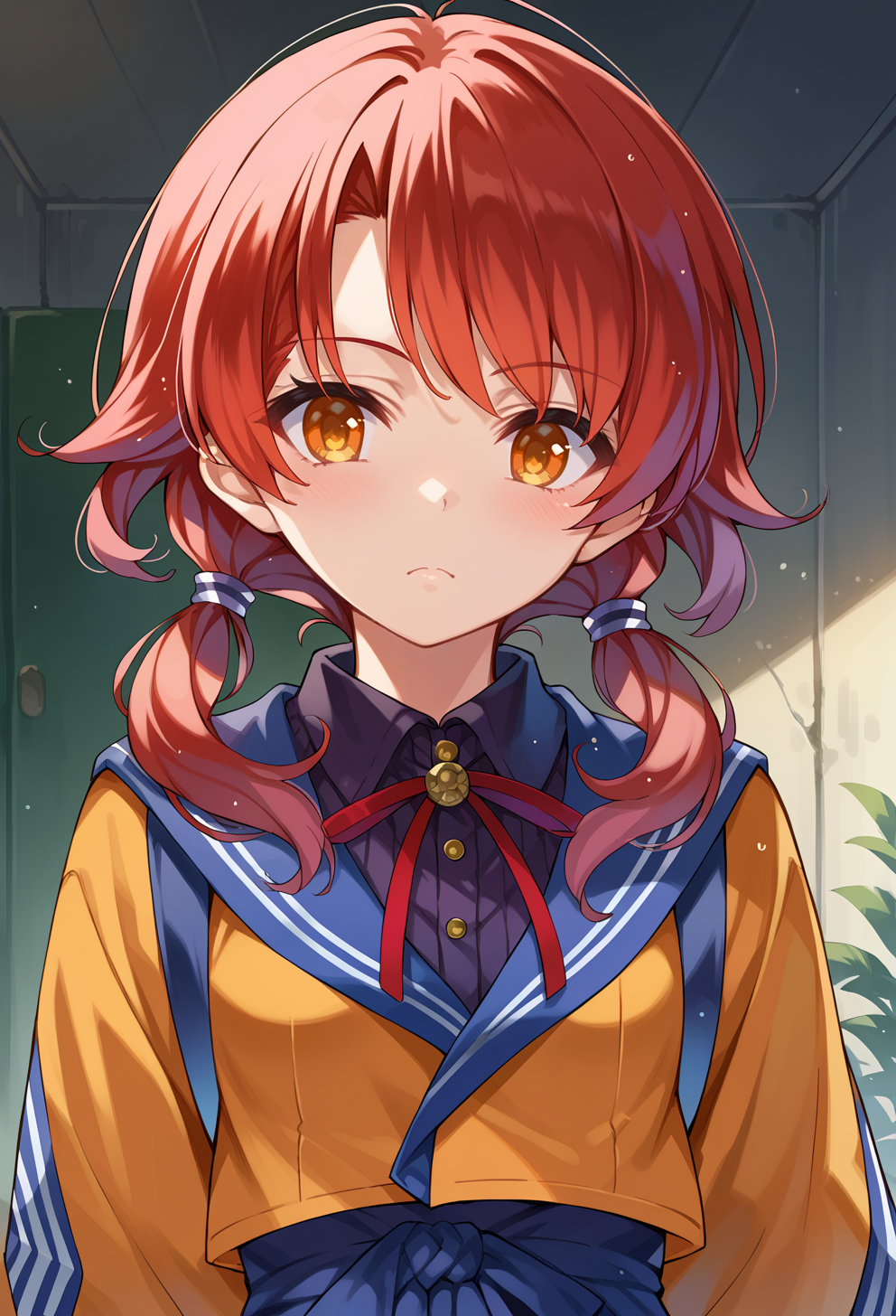 <lora:Misaki-Kurehito-Style-PonyXL:1>, score_9, score_7_up, source_anime, BREAK, 1girl, red hair, orange eyes, amber eyes, tsurime, swept bangs, parted bangs, low twintails, short hair, medium hair, small breasts,