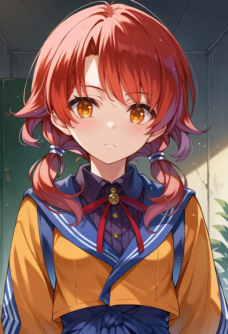 <lora:Misaki-Kurehito-Style-PonyXL:1>, score_9, score_7_up, source_anime, BREAK, 1girl, red hair, orange eyes, amber eyes, tsurime, swept bangs, parted bangs, low twintails, short hair, medium hair, small breasts,