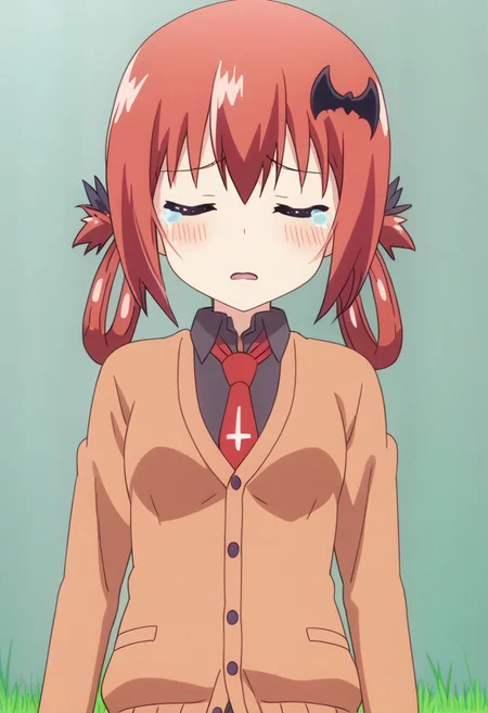 anime screencap, cowboy shot, upper body,
sad, crying, tearing up, rubbing eyes,
satanichia kurumizawa mcdowell,1girl,solo,long hair, bat hair ornament,hair ornament,necktie, hair rings, cardigan, school uniform, closed eyes, frown,
blush, open mouth,
BREAK
outdoors,school building,grass,three,school yard,
leaning against a wall