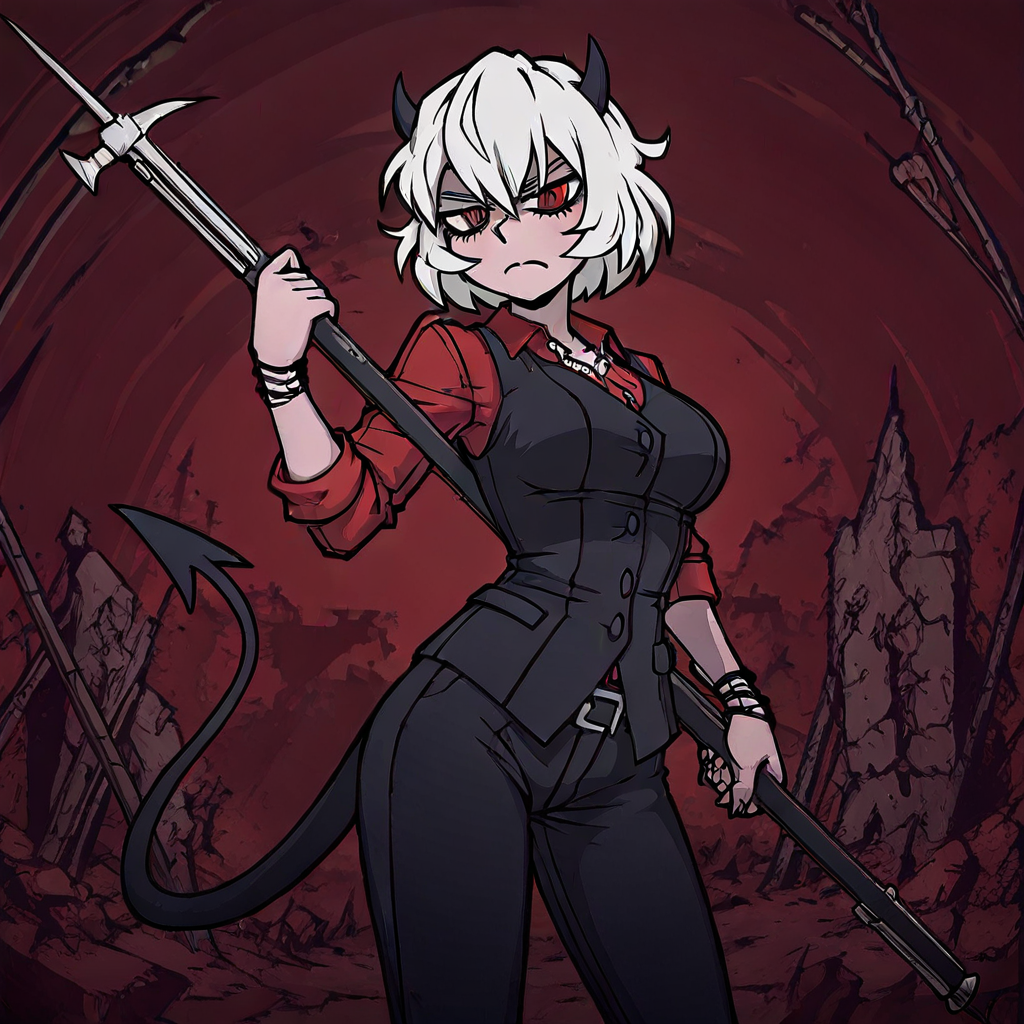 masterpiece, best quality, newest, absurdres, highres, anime, anime style, BDCV1.0, weapon, polearm, bec de corbin, holding weapon, holding polearm, holding, 1girl, malina \(helltaker\), demon girl, short hair, white hair, horns, demon tail,