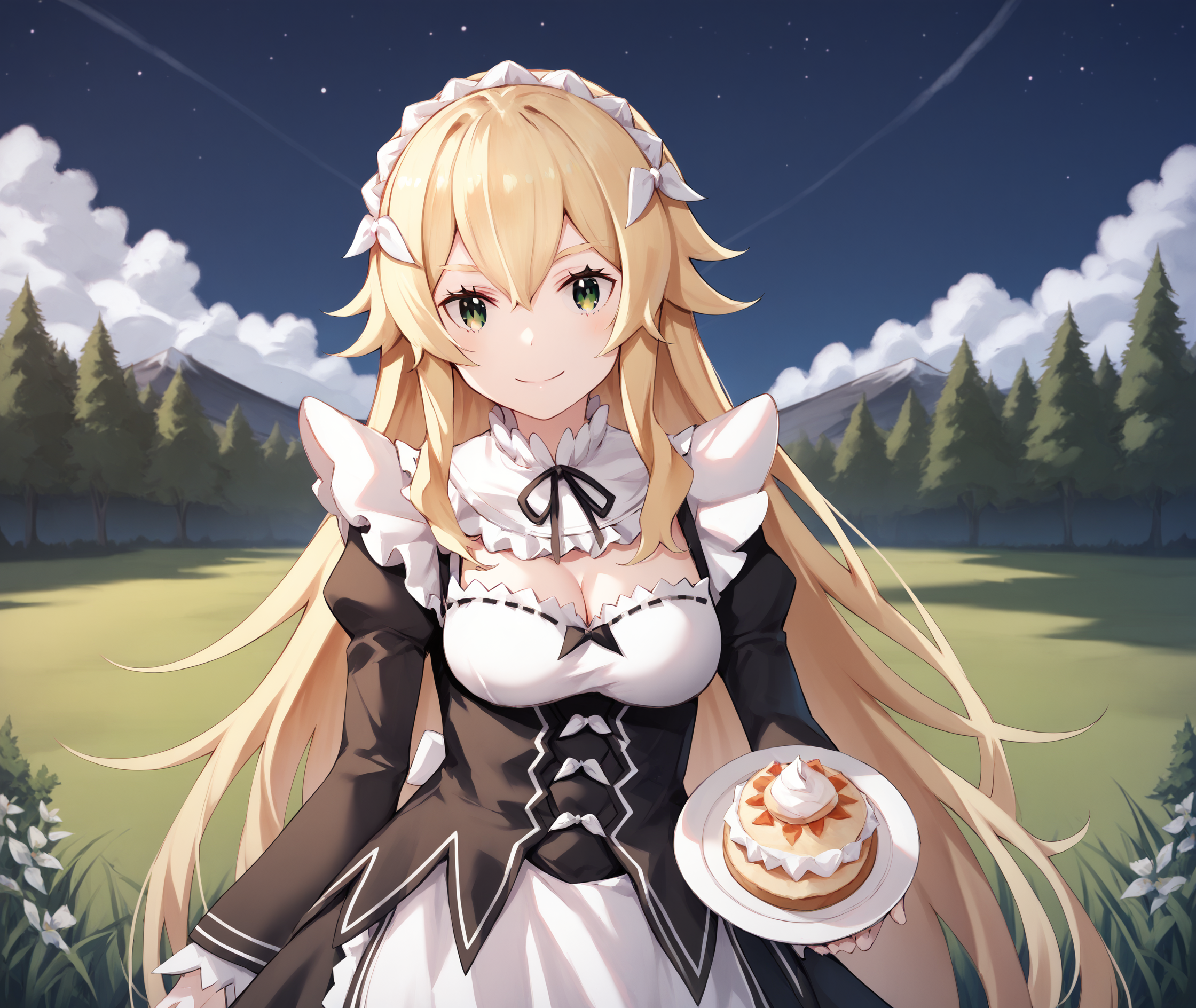 score_9, score_8_up, score_7_up, highres, hi res, best quality, masterpiece, 2d, intricate details, 4k, anime coloring, shadow, uncensored,
1girl, solo, female, closed mouth, smile, long hair, blonde hair, ribbon, hair between eyes, very long hair, green eyes, 
breasts, medium breasts, 
long sleeves, dress, cleavage, frills, alternate costume, black dress, apron, maid, maid headdress, cosplay, neck ribbon, black ribbon, juliet sleeves, white apron, maid apron, enmaided, roswaal mansion maid uniform,
cowboy shot, upper body, 
outdoors, on grass, field, depth of field, mountain, horizon, outdoors, forest, field, night, sky, night sky, star \(sky\), starry sky, <lora:Frederica_Baumann_1024_Pony:1>, frederica baumann, re:re:zero kara hajimeru isekai seikatsu,