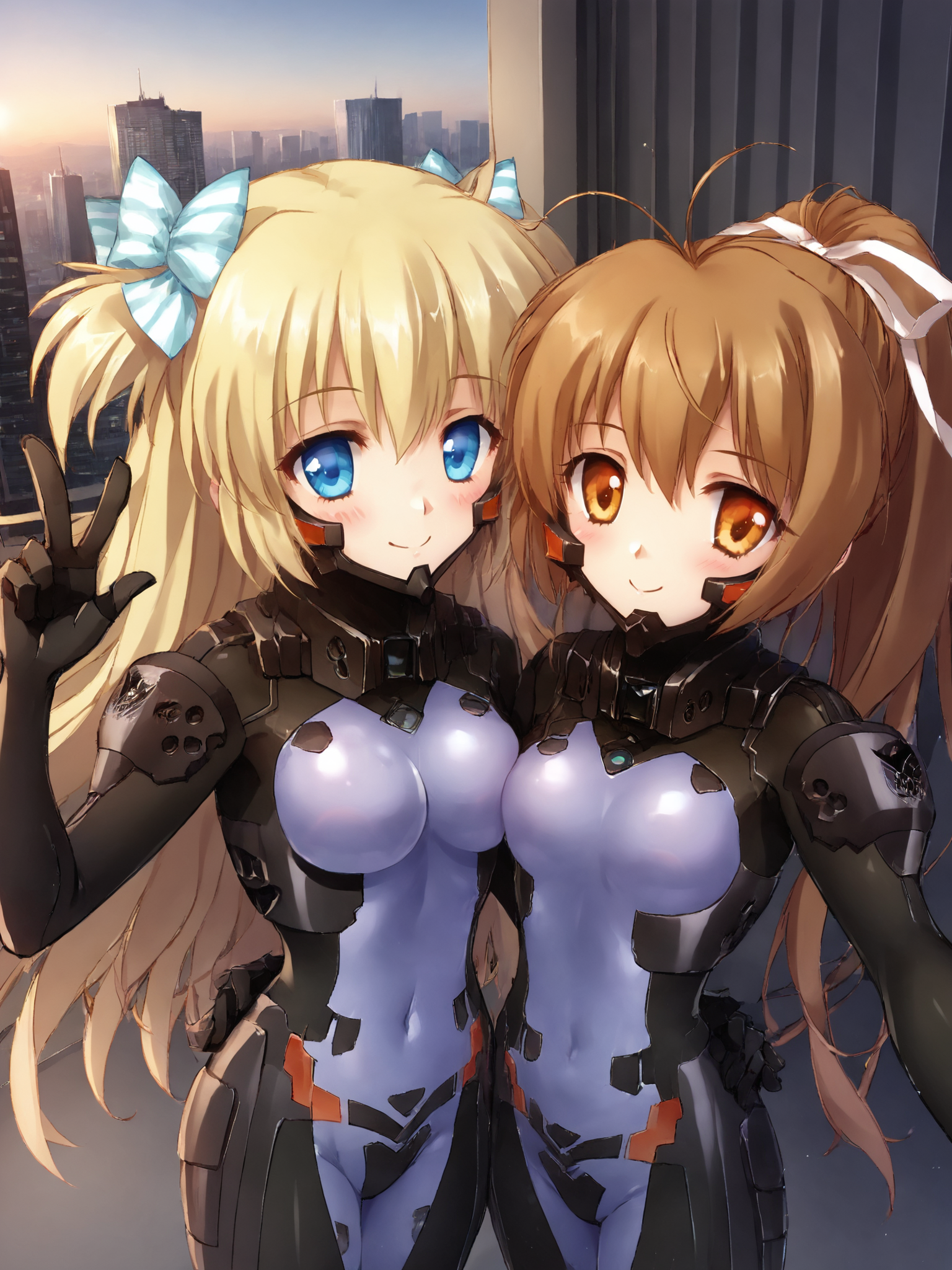 score_9, score_8_up, score_7_up, zPDXL, zPDXLpg, <lora:offset_0.2:0.1>, <lora:spo_sdxl_10ep_4k-data_lora_webui:1>, 2girls, schwarzesmarkenfortifiedsuit, pilot suit, impossible bodysuit, <lora:East_German_Fortified_Suit:1>, selfie, from above, outdoors, city, skyline, blue sky, smile, blush, half-closed eyes, looking at viewer
liz hohenstein, blonde hair, hair between eyes, sidelocks, hair bow, two side up, long hair, blue eyes, medium breasts, v, peace sign
katia waldheim, brown hair, hair between eyes, sidelocks, high ponytail, hair bow, hair ribbon, white ribbon, antenna hair, very long hair, brown eyes, small breasts, reaching towards viewer, hand out of frame
