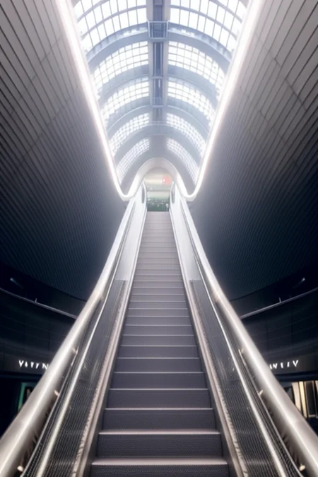 coop-himmelblau subway stairs, long shot, distant view, nobody, with pants and a sweater and shoes