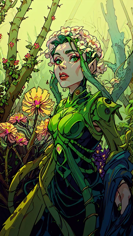 ((human/plant hybrid))), ((best quality)),((masterpiece)), ((realistic)), (detailed), photorealism:1:1, hyper-realistic, 4k, hdr, luscious lips, (cinematic, hyperdetailed, (((plant creature))), (((tentacles))), stalks, (((flower buds))), thorns, cyborg, futuristic robot, battle angel, hard lighting, beauty, vibrant colors, moss, green skin,rich vegetation)1, absurdres, _stardeaf-greenmageddon_<lora:seeThroughSwimsuitAnd_seeThroughSwimsuitV1:1.0>