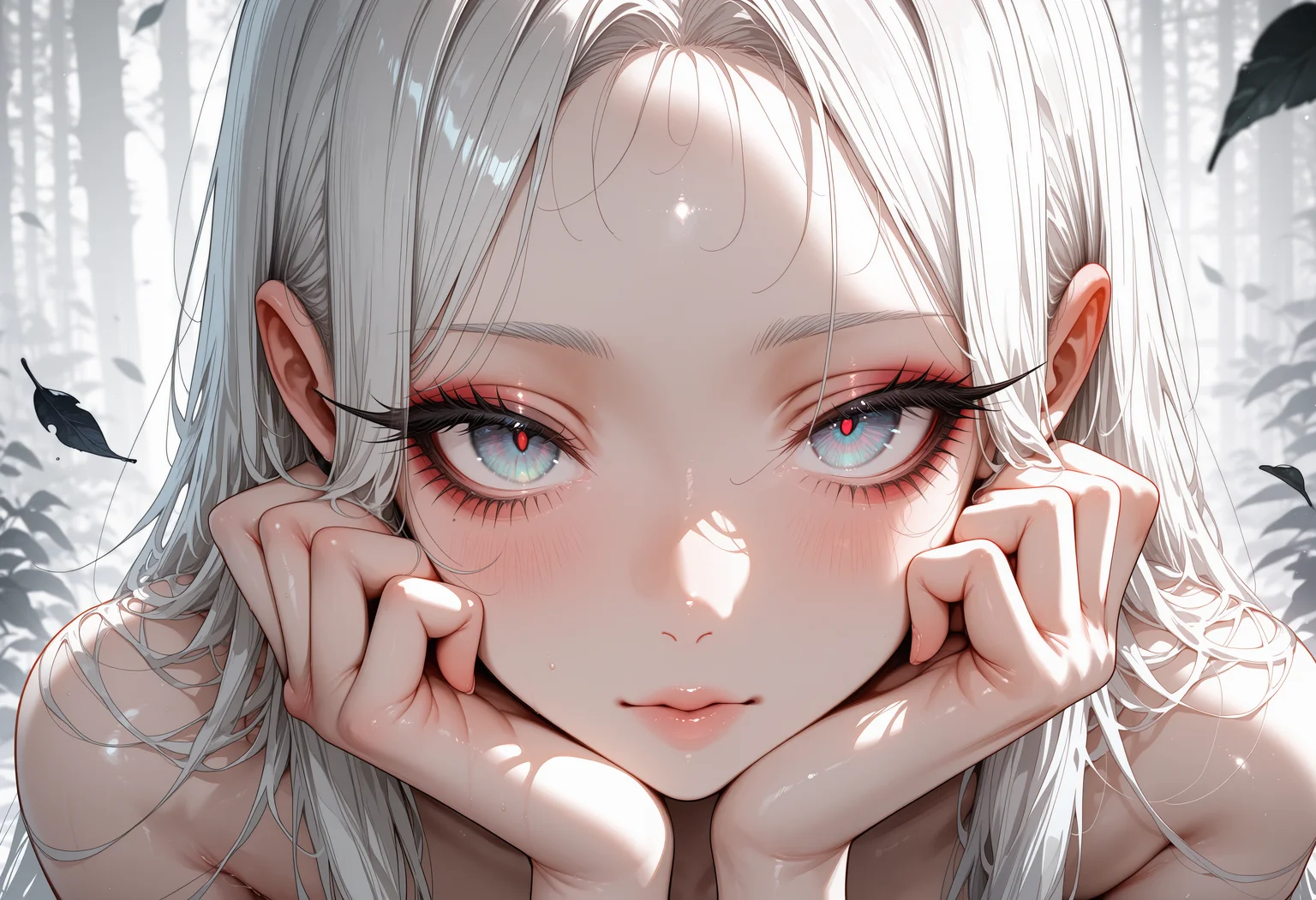 artist_moriimee, thick eyelashes, long eyelashes, makeup, aegyo sal, tareme, agm-illu, masterpiece, best quality, good quality, newest, highres, cinematic, volume light, close up face, 1girl, glowing grey eyes, head on hand, naked, forehead, long white hair, blacklight, perfect hand,
BREAK
scenery. moonlight, falling leaves, background,