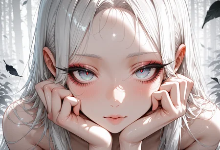 artist_moriimee, thick eyelashes, long eyelashes, makeup, aegyo sal, tareme, agm-illu, masterpiece, best quality, good quality, newest, highres, cinematic, volume light, close up face, 1girl, glowing grey eyes, head on hand, naked, forehead, long white hair, blacklight, perfect hand,
BREAK
scenery. moonlight, falling leaves, background,