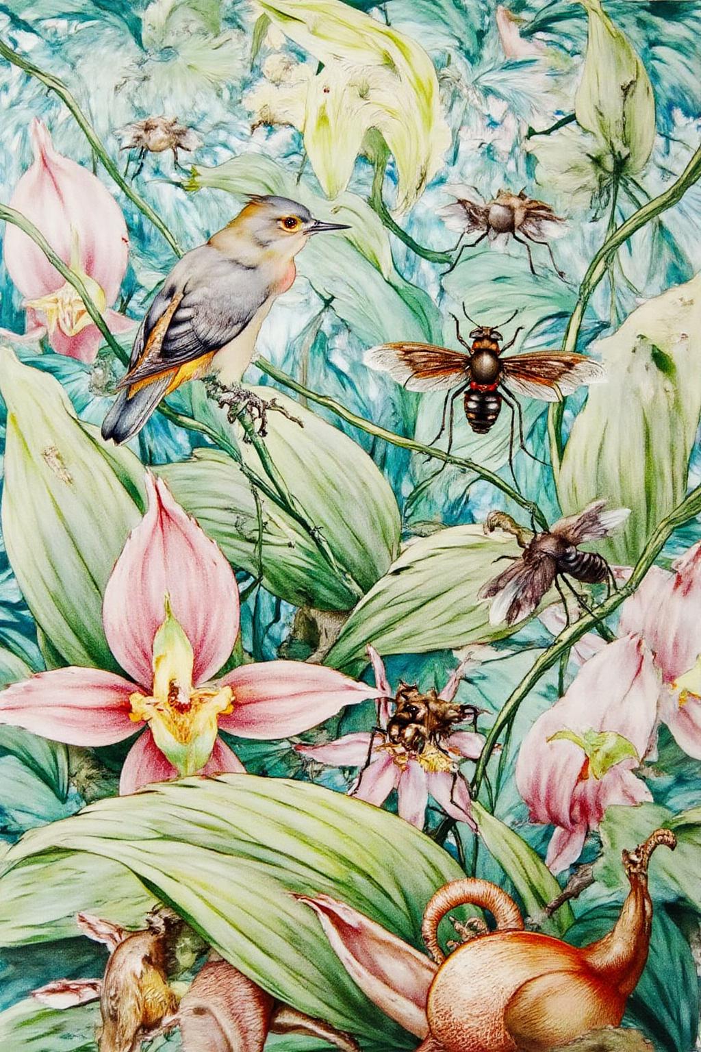 detmo1d watercolor painting.
Watercolor painting depicting an intricate, fantastical landscape filled with a variety of exotic plants, insects, and a bird in the center. The background features a lush, vibrant green foliage with large, stylized leaves and flowers. The dominant colors are shades of green, blue, and pink, with a mix of botanical and insect elements. <lora:detmold1_cap_d6a3e13:1.0><lora:831792538244551781:0>