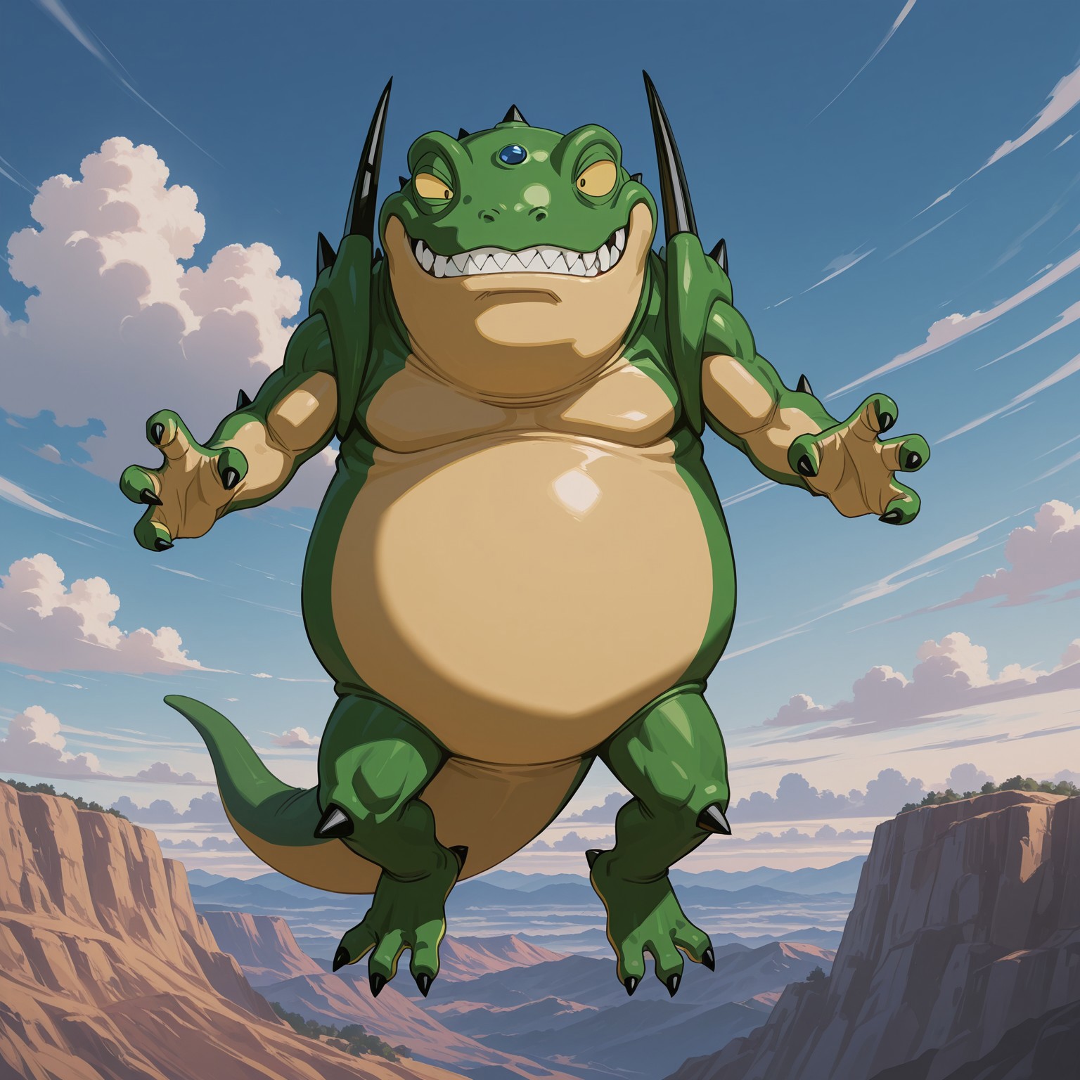 Hazeshen, male, monster, male, 1boy, solo, 2d, black spikes, black horn, sharp teeth, fangs, green skin, tan skin, two tone skin, tan countershade torso, yellow sclera, black pupils, blue forehead jewel, green eyelids, squinted eyes, 3 fingers, 2 toes, leg spikes, arm spikes, cool pose
BREAK
Full body, grinning, floating, in the sky, outside, outdoors, clouds, sunny day