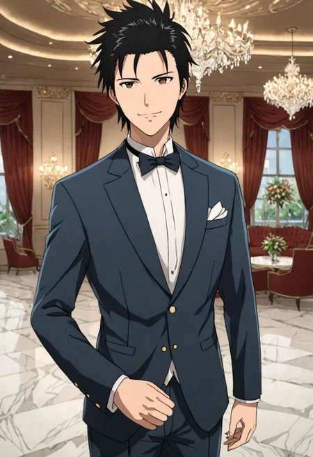 Highres, Masterpiece, High Quality, 4K, 8K, solo, 1Boy, Soujirou Agata, brown eyes, black hair, ballroom, luxury hotel, luxury room, marble floor, crystal chandelier, classic ornaments, tuxedo, smile, musterius, classy, confident, rich, easynegative, detailed_eye_model