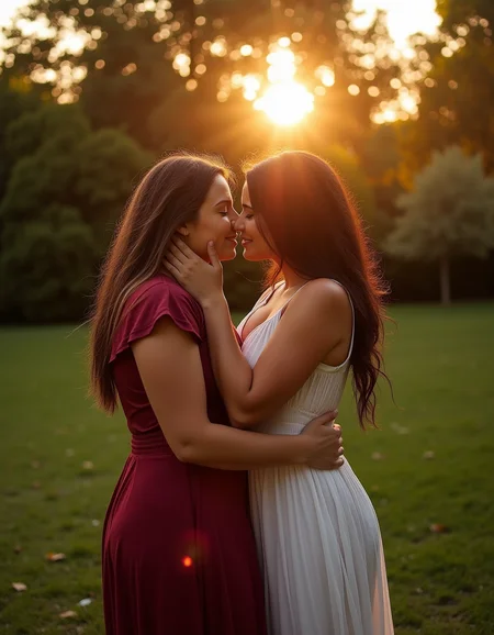 safe_pos,<lora:Lesbian Lovers (Flux):1>,two woman standing in a garden in a loving embrace on a warm summers day,