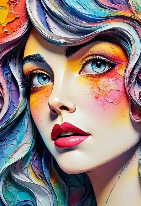create an ArcaneFGTNR watercolour painting of a woman's face, made up of Layered Paper with cracked peeled paint. bright painted colours. watercolour, close up, HD