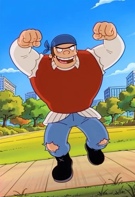 source_cartoon, score_9, score_8_up, score_7_up, High Quality, perfect body, torvald, 1boy, solo, blue bandana, brown hair, black eyes, unibrow, thick eyebrow, big body, muscular body, shirtless, barechest, bare chest, pectorals, ripped jeans, blue pants, black boots, park, blue sky, grass, simple style, dynamic pose, dynamic view, dynamic Angle, smile,.