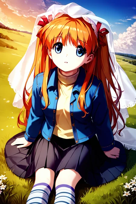 score_9, score_8_up, score_7_up, score_6_up, rating_safe, source_anime, best quality, masterpiece, detailed background, detailed eyes, cowboy shot, sunset, grass, sitting, wedding veil, from above angle, looking up, <lora:sawatari-makoto-xl-06:1>, sawatari makoto, two side up, orange hair, blue eyes, red ribbons in hair, denim jacket, yellow turtleneck, open jacket, black skirt, striped socks, parted lips, round mouth,