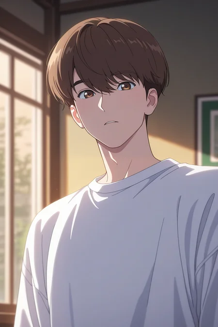 masterpiece, best quality, amazing quality, very aesthetic, high resolution, ultra-detailed, absurdres, newest, scenery, volumetric lighting, depth of field,anime screencap, , , 1boy, solo, male focus,  <lora:lee_joon:0.96>, lee joon,brown hair,short hair,brown eyes,hair between eyes,bangs,looking at viewer, closed mouth, shirt, white shirt, upper body,indoors,parted lips,simple background