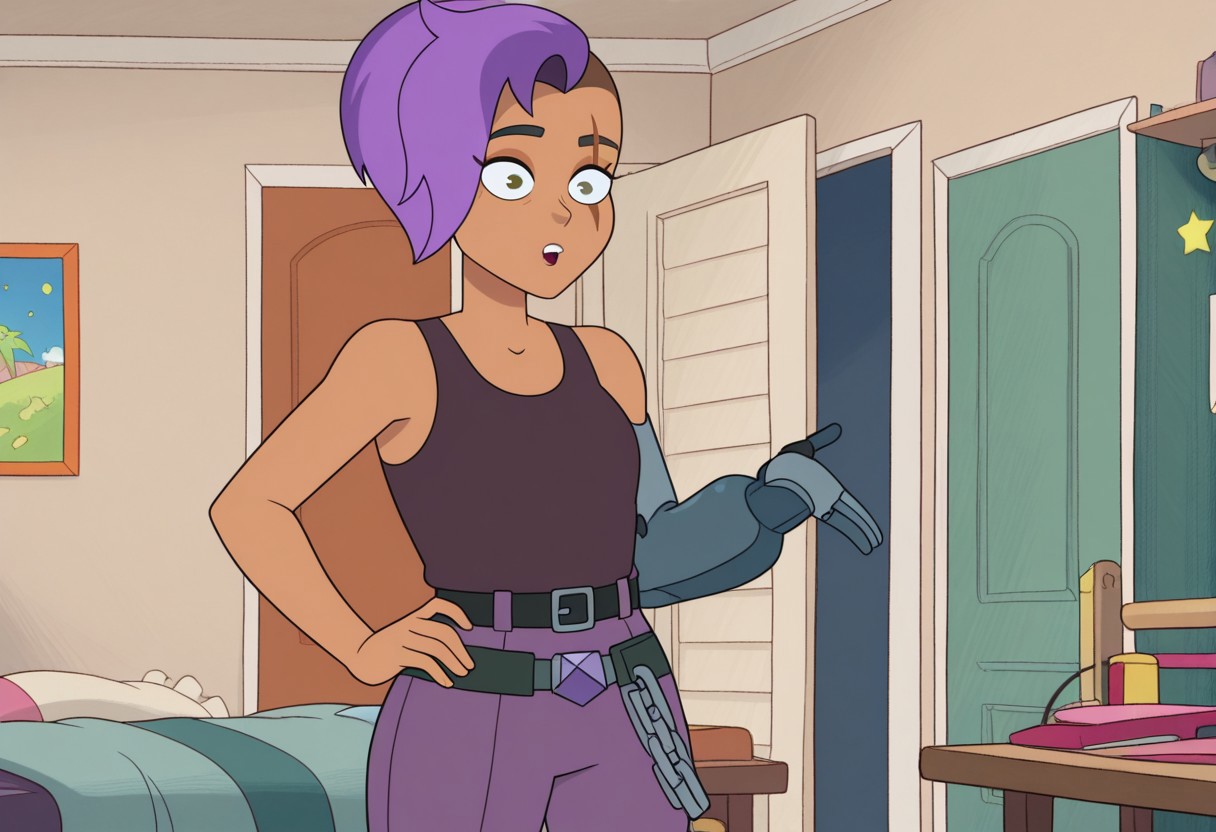 score_9_up, score_8_up, masterpiece,amazing quality,best quality,ultra-detailed,8K,illustration, amazing quality,easynegative, score_7_up, the professor, 1girl, purple hair, short hair, belt,  tank top, indoors, bedroom, multicolored hair,two-tone hair, scar on face, dark skin, single mechanical arm single, pants
