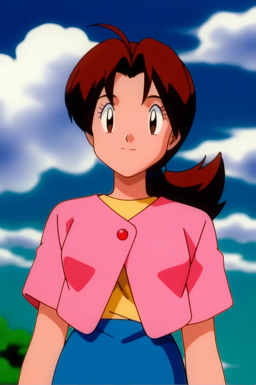 retro artstyle, 1990s \(style\), pokemon \(classic anime\), deliaca, 1girl, solo, long hair, breasts, looking at viewer, shirt, skirt, brown hair, closed mouth, brown eyes, standing, jacket, upper body, ahoge, ponytail, short sleeves, outdoors, sky, day, cloud, blurry, black eyes, blue sky, parted bangs, blue skirt, buttons, blurry background, expressionless, cloudy sky, light smile, low ponytail, yellow shirt, arms at sides, hair tie, pink jacket, retro artstyle, smile, eyelashes, hair intakes, pink shirt, straight-on
<lora:Delia_Ketchump_Classic_Anime:1>
